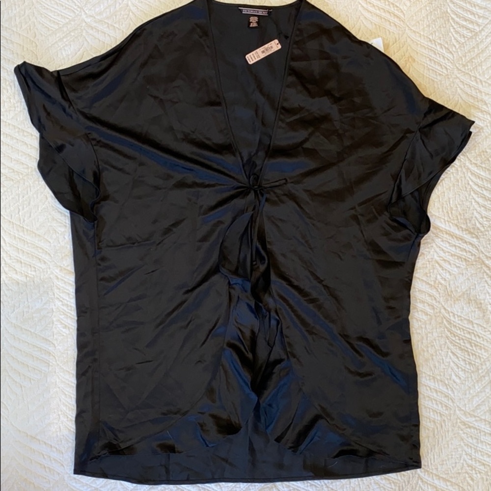 NWT Victorias Secret Silk Ruffle Robe Black Tie